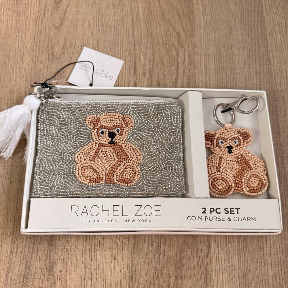 Rachel Zoe Beaded Bear Coin Purse and Charm Set NEW